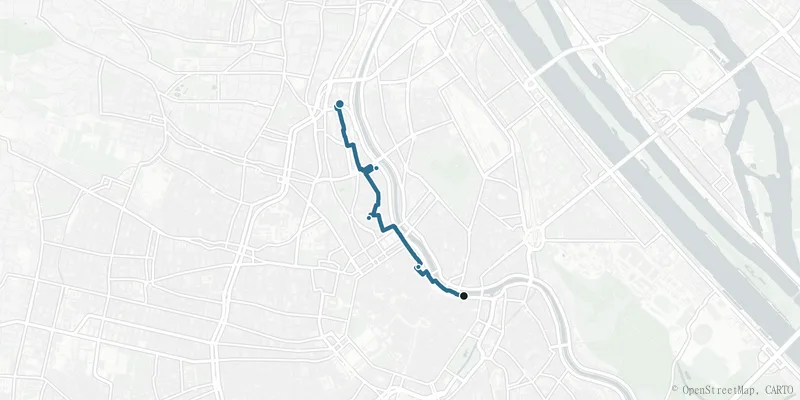 Kartenverlauf des Wegs Am Donaukanal, vom Trubel in die Ruhe